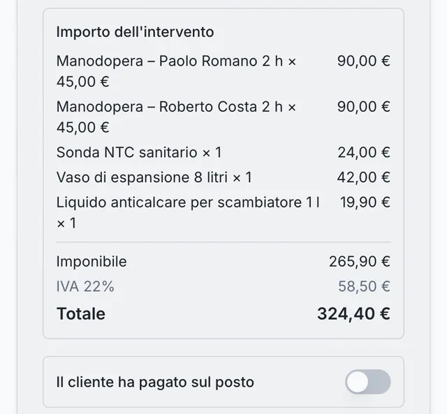 Importo del rapporto di intervento con manodopera dei tecnici, materiali, IVA e totale